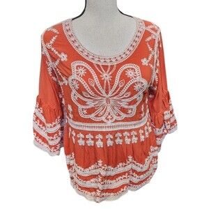 Ana & Rose Embroidered Rayon Boho Blouse Burnt Orange bell Sleeves Size XL